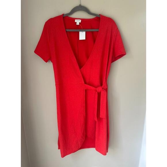 J. Crew Textured Faux Wrap Mini Dress Red Size Medium Tie Classic Office V Neck - Picture 2 of 11